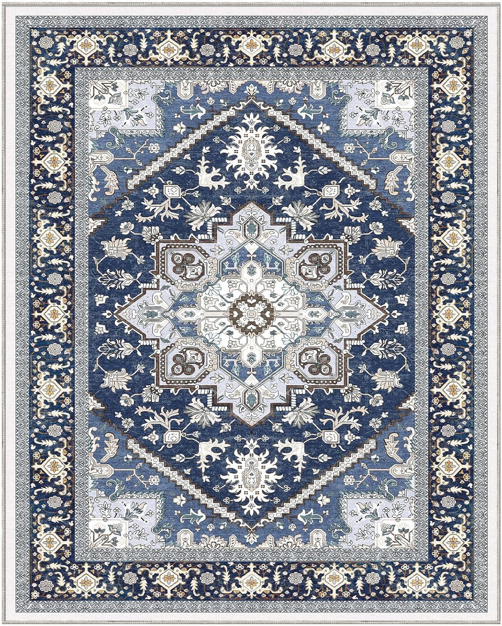 OPPODREAM Soft Area Rugs 8x10, Persian-Inspired Washable Rug, Blue & Gold