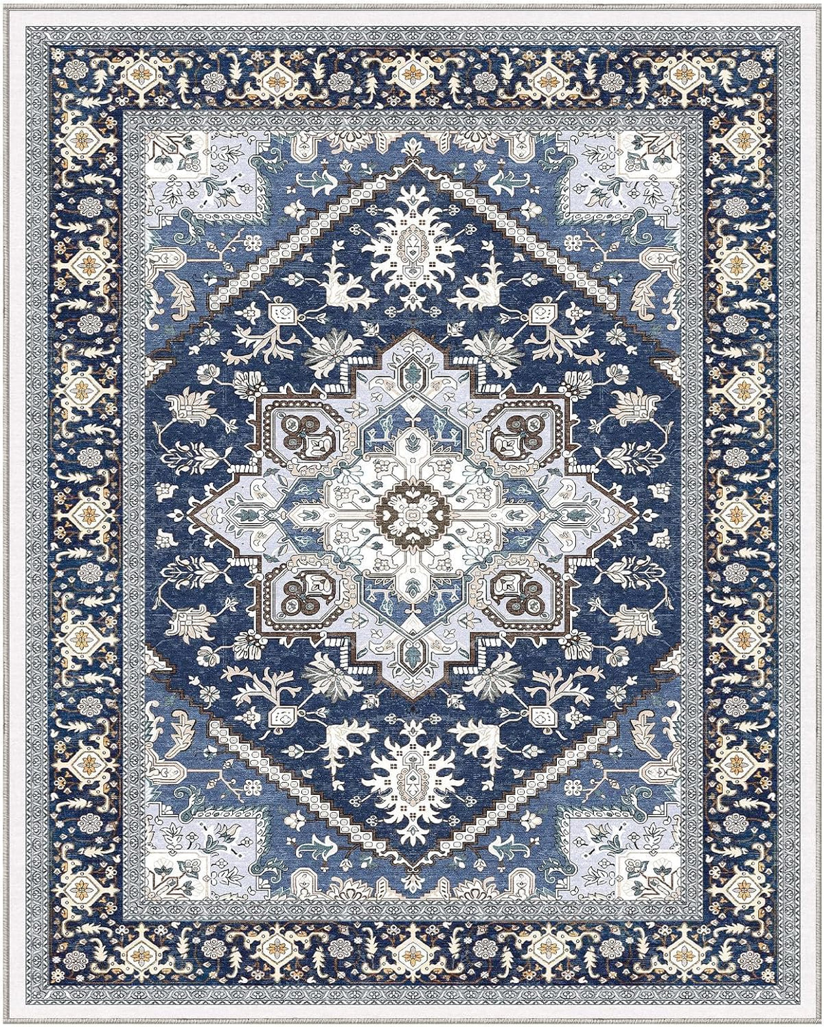 OPPODREAM Soft Area Rugs 8x10, Persian-Inspired Washable Rug, Blue & Gold