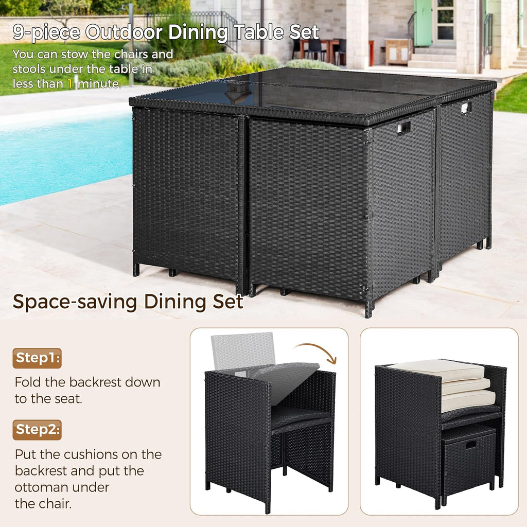 Yaheetech 9 Pcs Patio Dining Sets, Rattan Chairs w/Glass Table Black/Beige