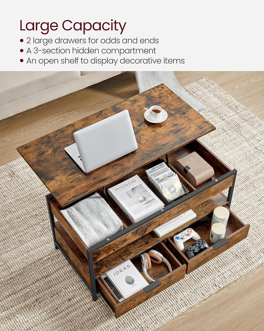 VASAGLE Lift Top Coffee Table with Storage Drawers, Hidden Compartments