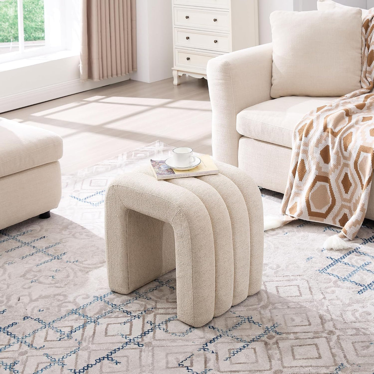 Beige Linen Ottoman Stool, Small Vanity Stool