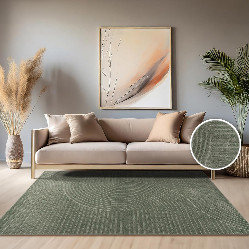 Paco Home Modern Area Rug with Raised Curved Line Pattern – Minimalist Design in Green, Size: 5'3" x 7'7"