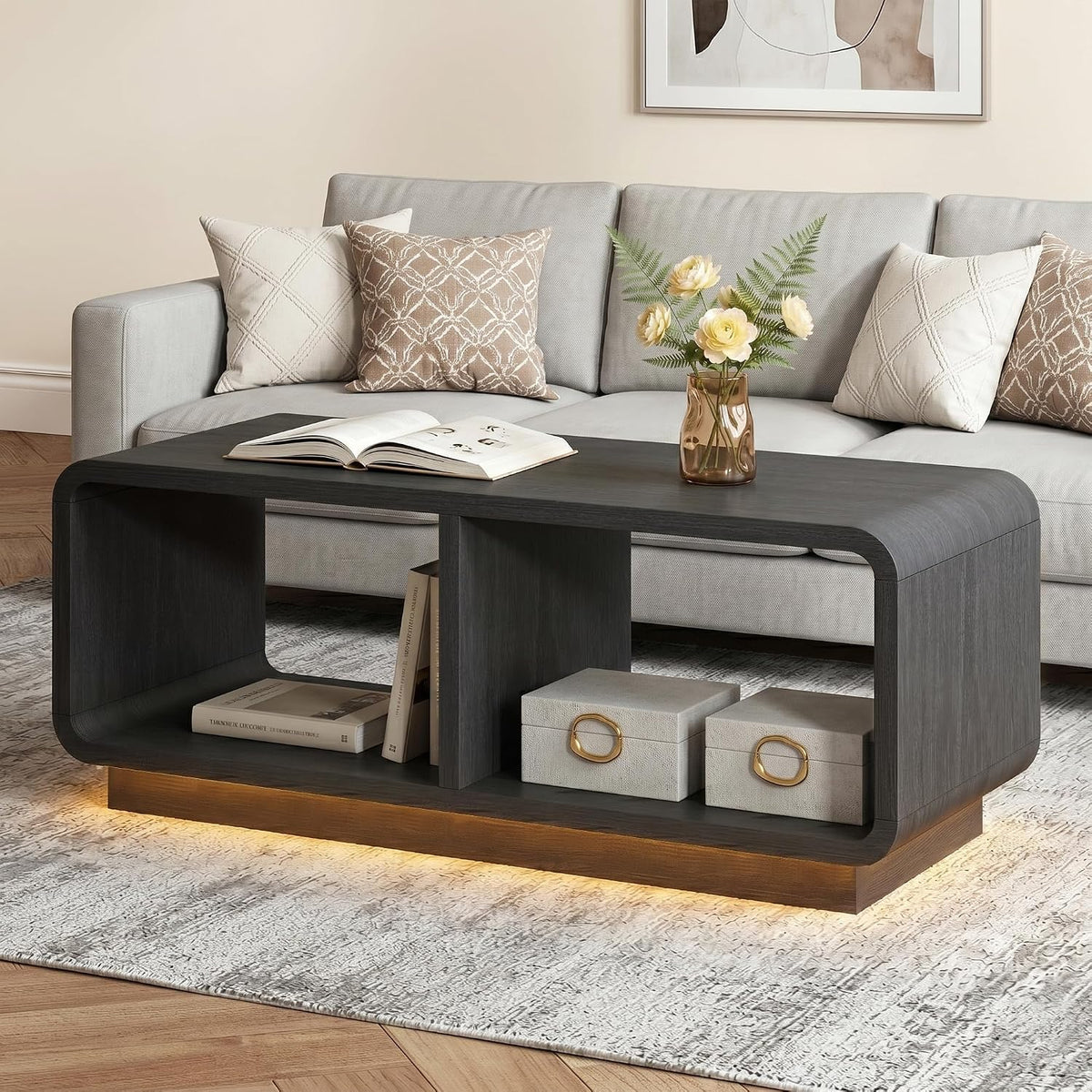 LYNSOM 47" Mid Century Modern Coffee Table, 2-Tier Center Table with Curved Profile Design & Independent Compartments, Wooden Rectangular Table with LED Light Strip for Living Room, Office, Black