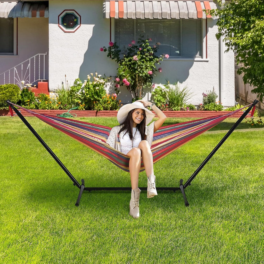 Double Hammock with Space Saving Steel Stand 400 lb Capacity, Portable Hammock Frame Stand Heavy Duty for 9 to 13Feet Hammocks, Carry Bag Included