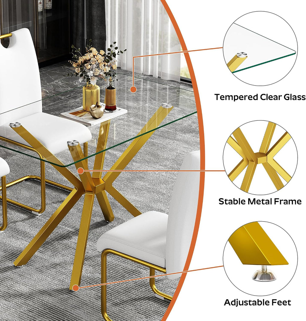 Modern Gold Glass Dining Table Set of 6, 47'' Clear Glass Top Rectangular Kitchen Table Set, 7 Pieces Minimalism Dining Room Table Set, 6 Luxury White Gold High Back Dining Chairs Set