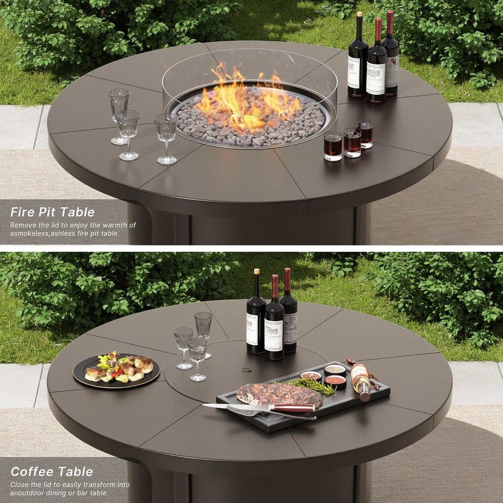 7 Piece Metal Outdoor Patio Furniture Set with 48"/55000 BTU Round Fire Pit Table,Outdoor Dining Table Set 6 Swivel Chairs No-Slip Cushions and Waterproof Covers,Navy