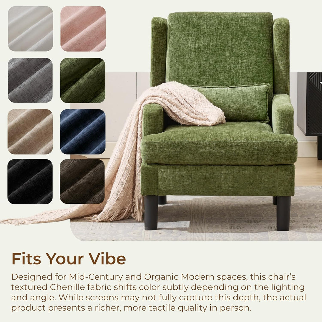 Garvee Wingback Accent Chair for Living Room, Mid-Century Modern Reading Chair for Bedroom, Modern Chenille Upholstered Comfy Armchair with High Back, Soft Pillow, and Sturdy Wood Legs
