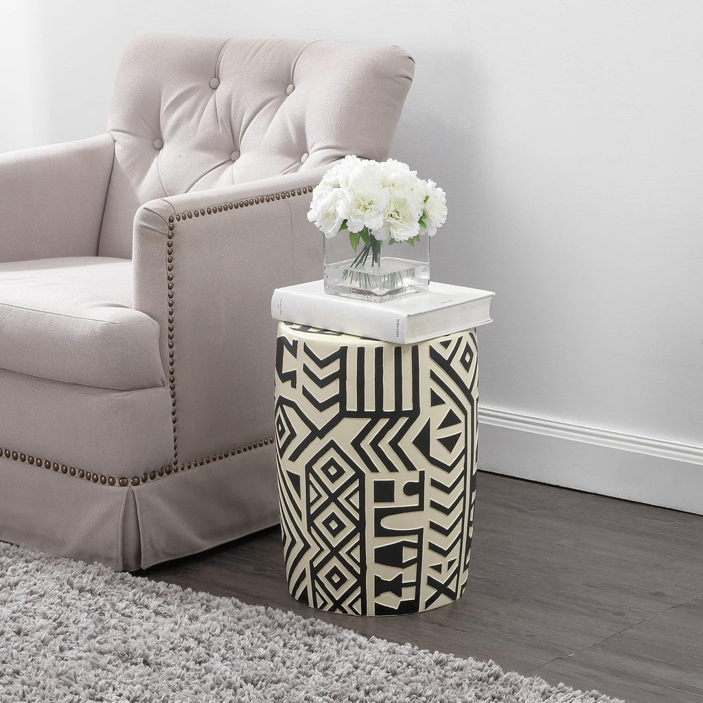 JONATHAN Y Rafi Drum Garden Stool 17.75" Concrete Patio, Black/Cream