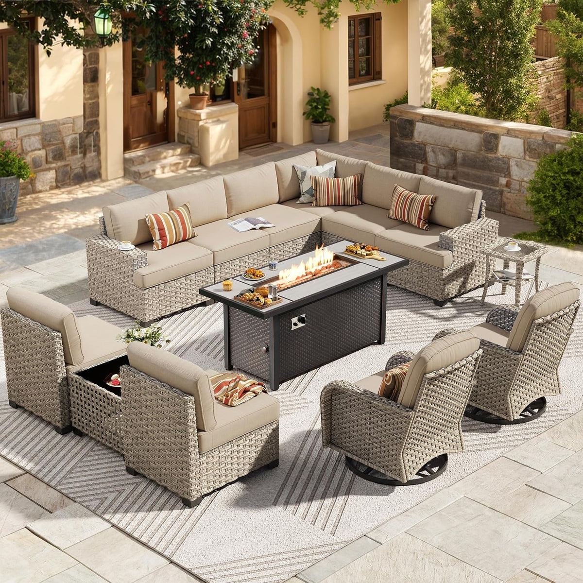 HOOOWOOO Outdoor Sectional Patio Furniture Set with Fire Pit Table,13 Pieces Wicker Conversation Sets L Shaped Couch,Extra Deep Out Door Sofa Outside Furniture with Swivel Rocking Chair,Beige