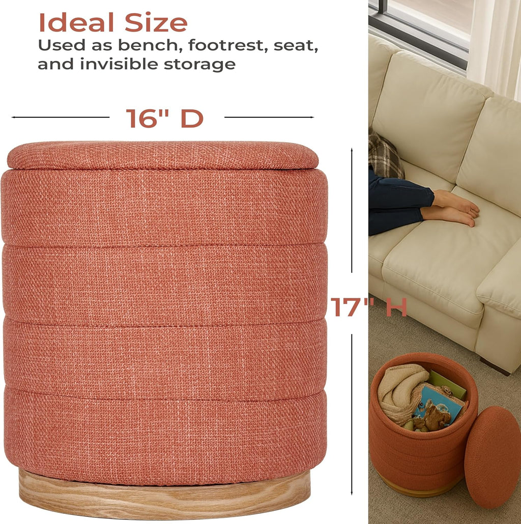 Linen Storage Ottoman Round Footrest with Hidden Storage, Coral Orange 16" L X16 W X 17" H