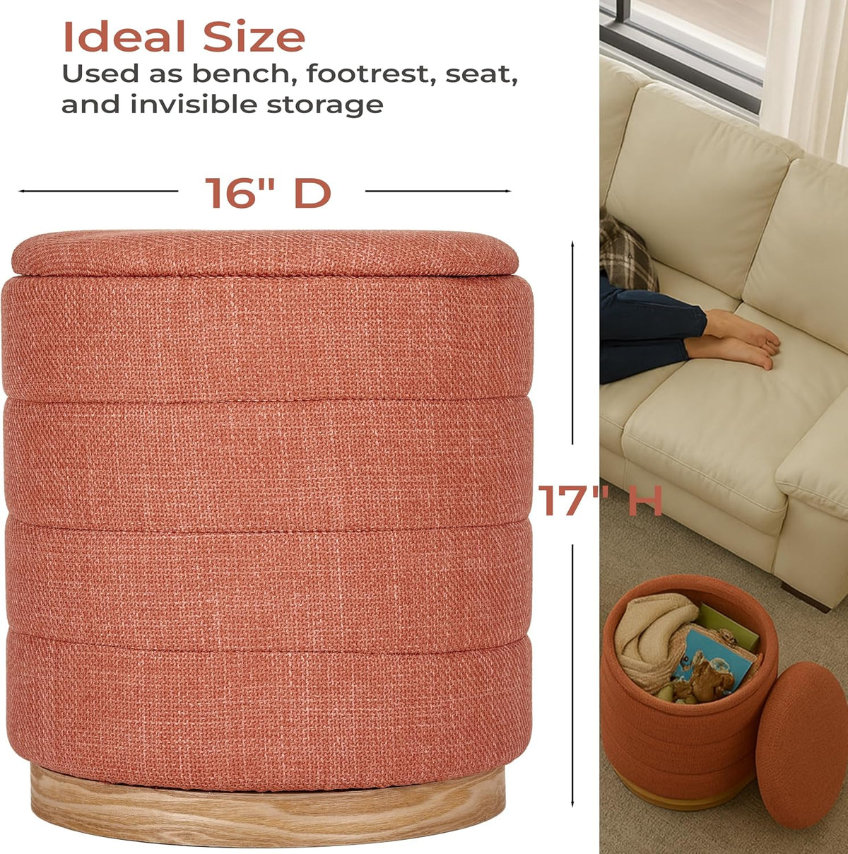 Linen Storage Ottoman Round Footrest with Hidden Storage, Coral Orange 16" L X16 W X 17" H