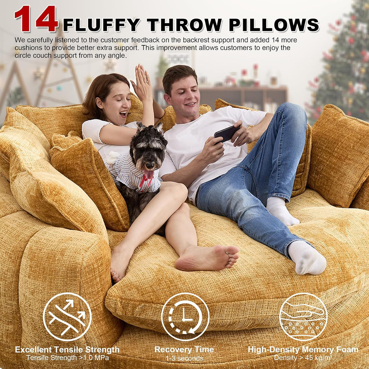 81.1" Oversized Round Chaise Lounge, Extra-Thick 14.9" Seat Wrap-Around Back Guard Spines In Open-Plan Loft, Villa,Game Den, Round Couch Family Find Movie-Night Stadium for 2+ Adults, Pets, Yellow