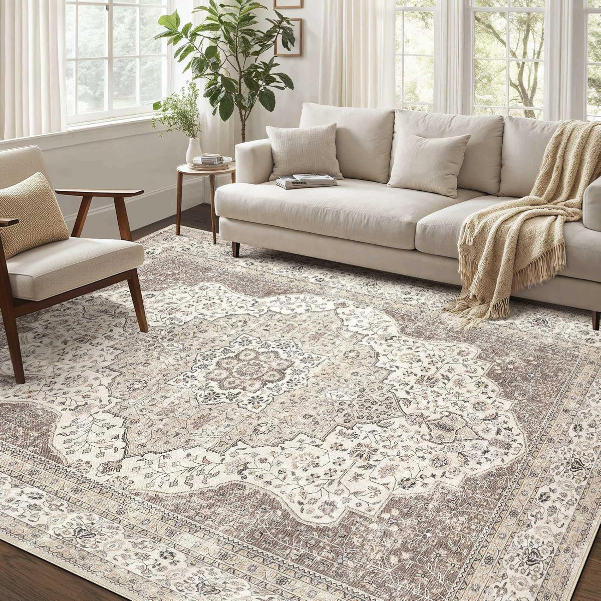 Vintage 10x14 Washable Area Rugs for Living Room, Non Slip, Brown