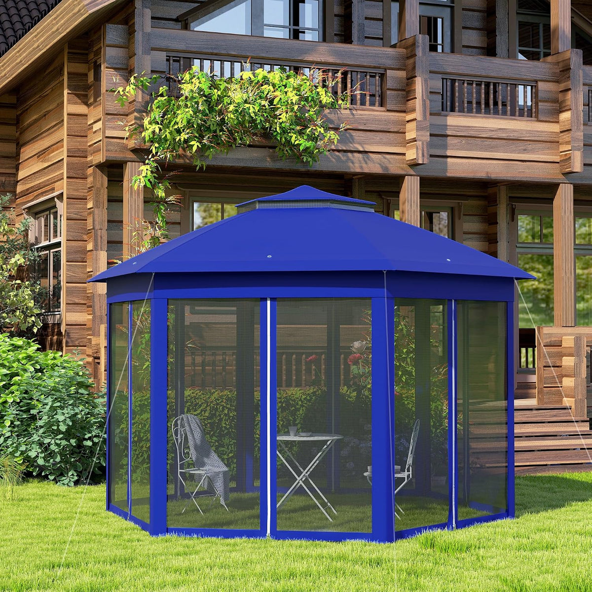 Outsunny 13' x 13' Pop Up Gazebo, Hexagonal Event Tent, Dark Blue and Black