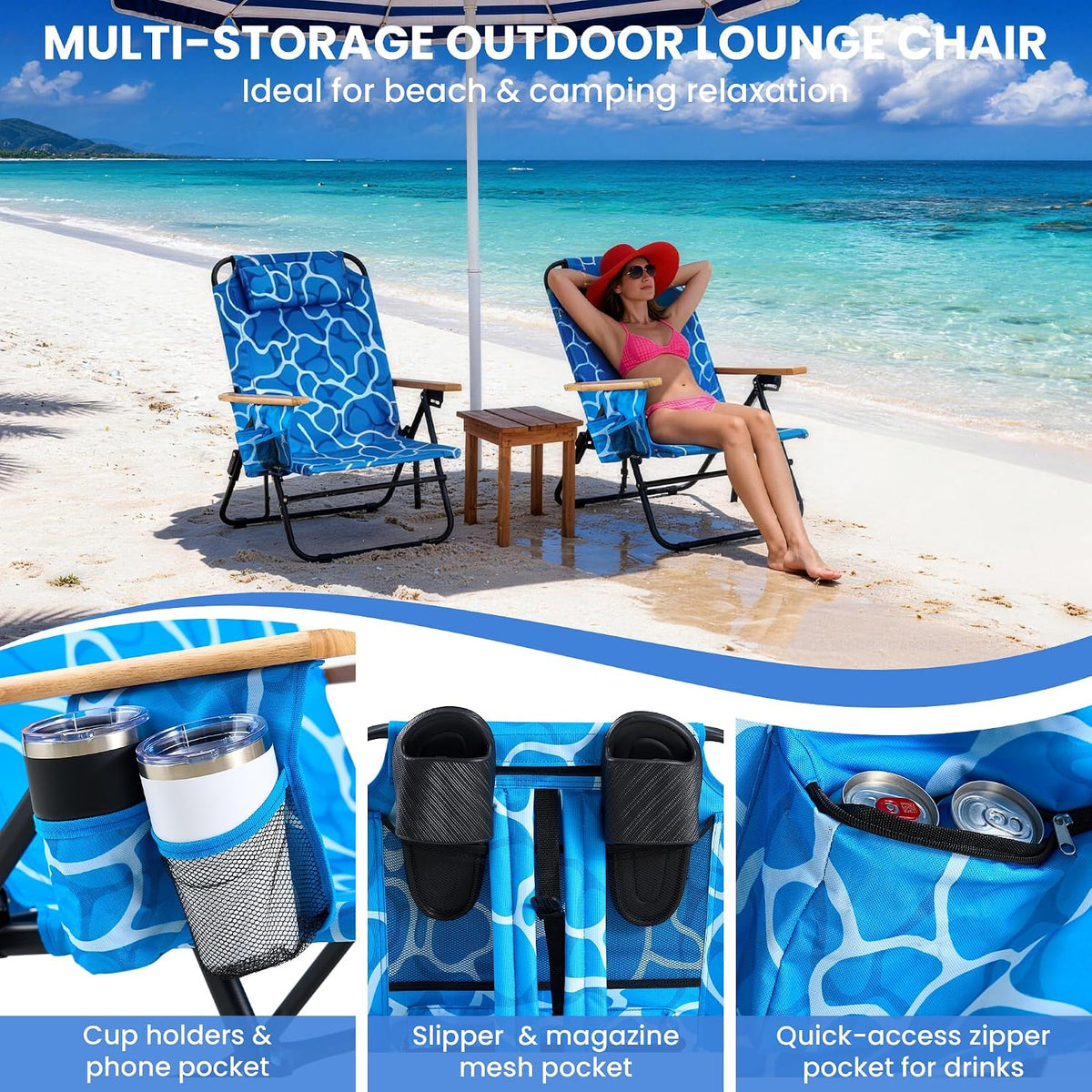 Premium Portable Camping Chair 5-Position Recliner Beach Folding Lightweight Outdoor Chair with Wooden Armrests, Headrest, Multi-Pockets Heavy Duty 350lbs, for Patio, Backyard, Ocean Wave Blue