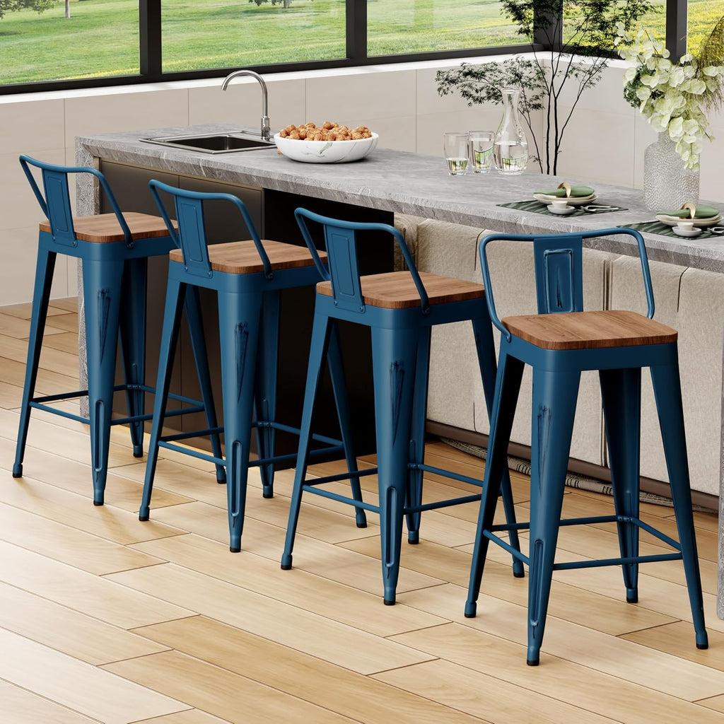 24" Barstools Set of 4 Counter Height Bar Stools Side Chair-Distressed Navy