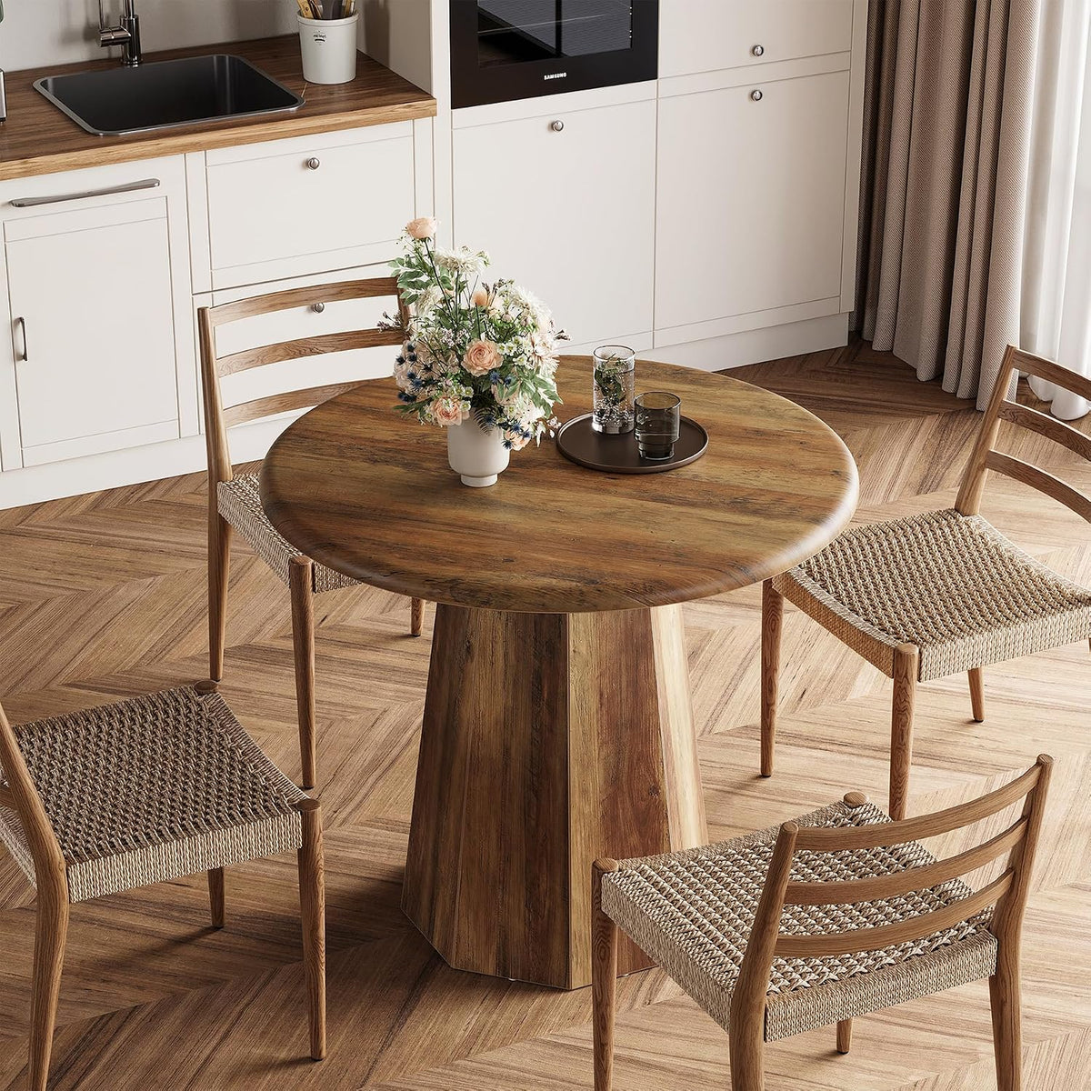 LITTLE TREE 31.5" Round Dining Table for 4, Wood Kitchen Table with Wooden Tabletop and Octagonal Base for Dining Room, Apartments, Office & Restaurants, Deep Brown