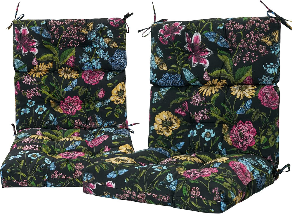Indoor/Outdoor High Back Chair Cushions Set of 2-Black Flower Butterfly