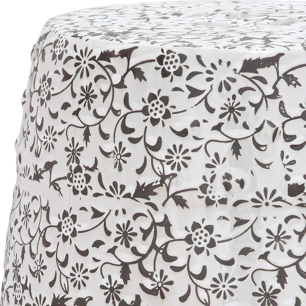 Safavieh Flower and Vine Ceramic Decorative Garden Stool, White and Charcoal
