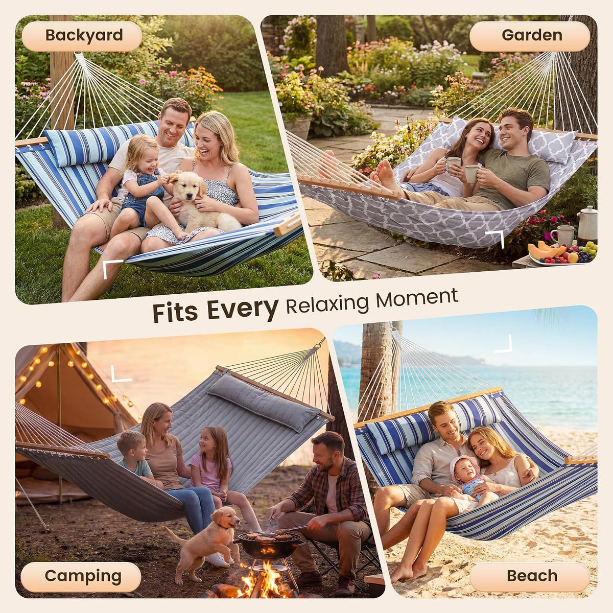 Everyfun 2Person Quilted Hammock with SpreaderBar, 500lbCapacity, WhiteGray