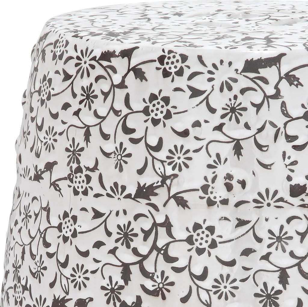 Safavieh Flower and Vine Ceramic Decorative Garden Stool, White and Charcoal