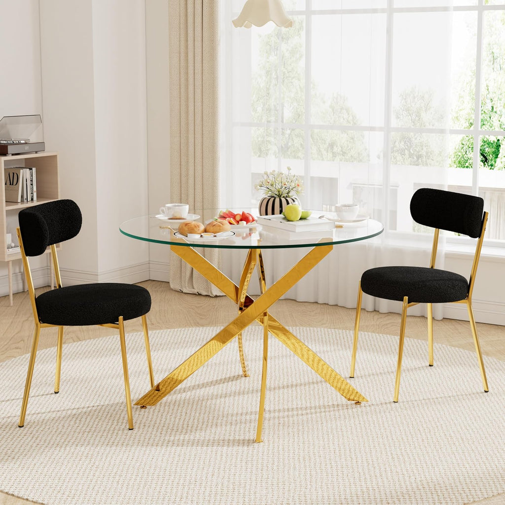36" Round Dining Table Set for 2, Small Round Kitchen Table with 2 Boucle Dinner Chairs, Modern Circle 3 Piece Glass Dining Table with Metal Legs(Black&Gold)