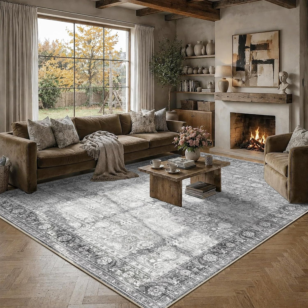 JOOJA 8x10 Grey Vintage Soft Low Pile Non Slip Boho Washable Area Rug