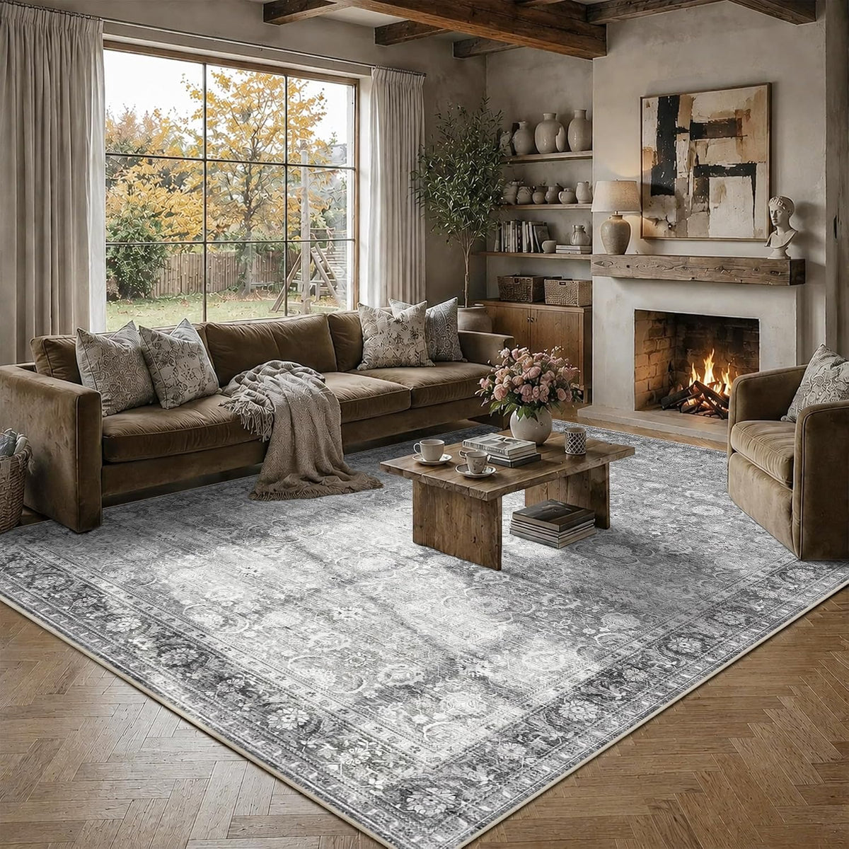 JOOJA 8x10 Grey Vintage Soft Low Pile Non Slip Boho Washable Area Rug