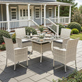 5 Piece Outdoor Patio Dining Set with Glass Table and Wicker Chairs
