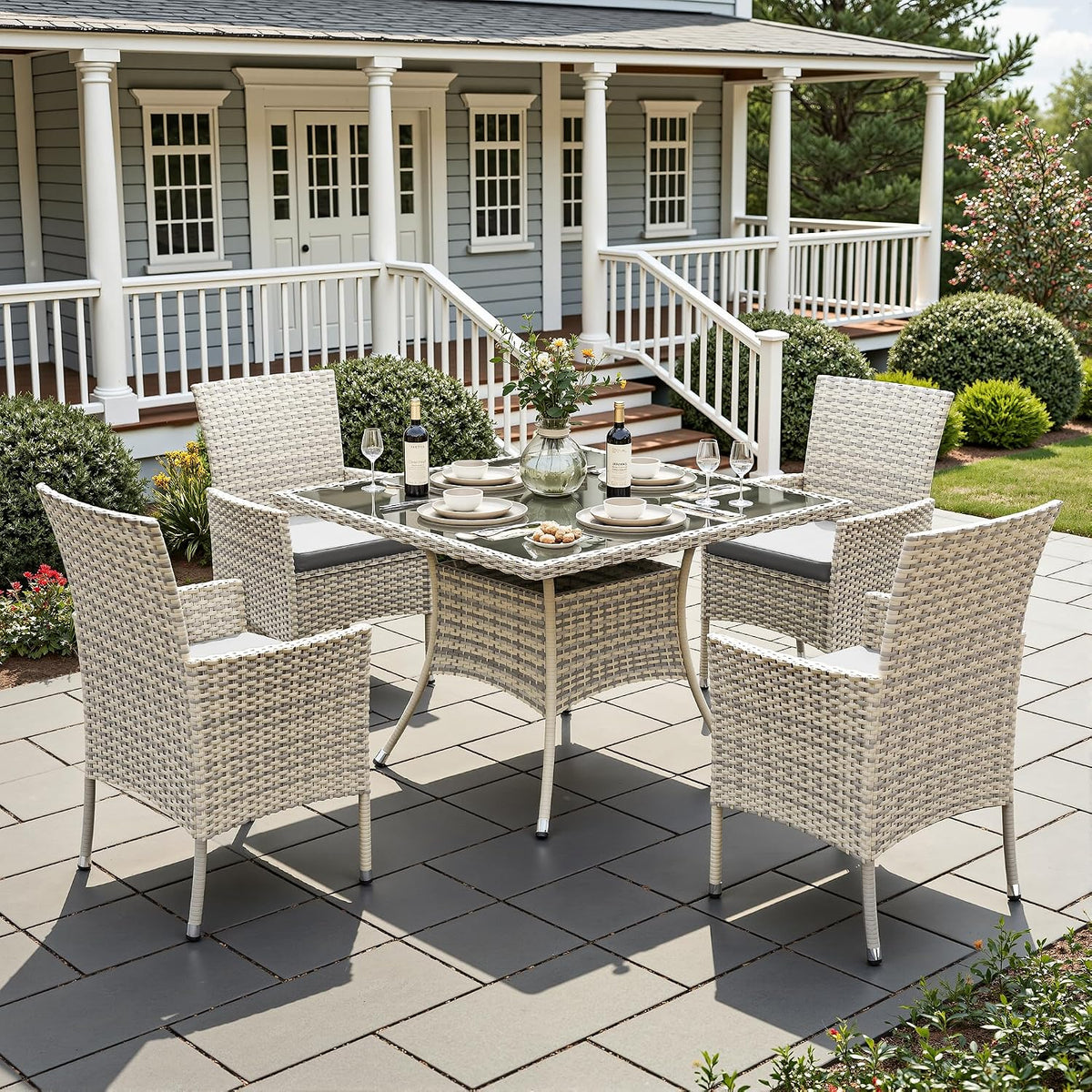 5 Piece Outdoor Patio Dining Set with Glass Table and Wicker Chairs