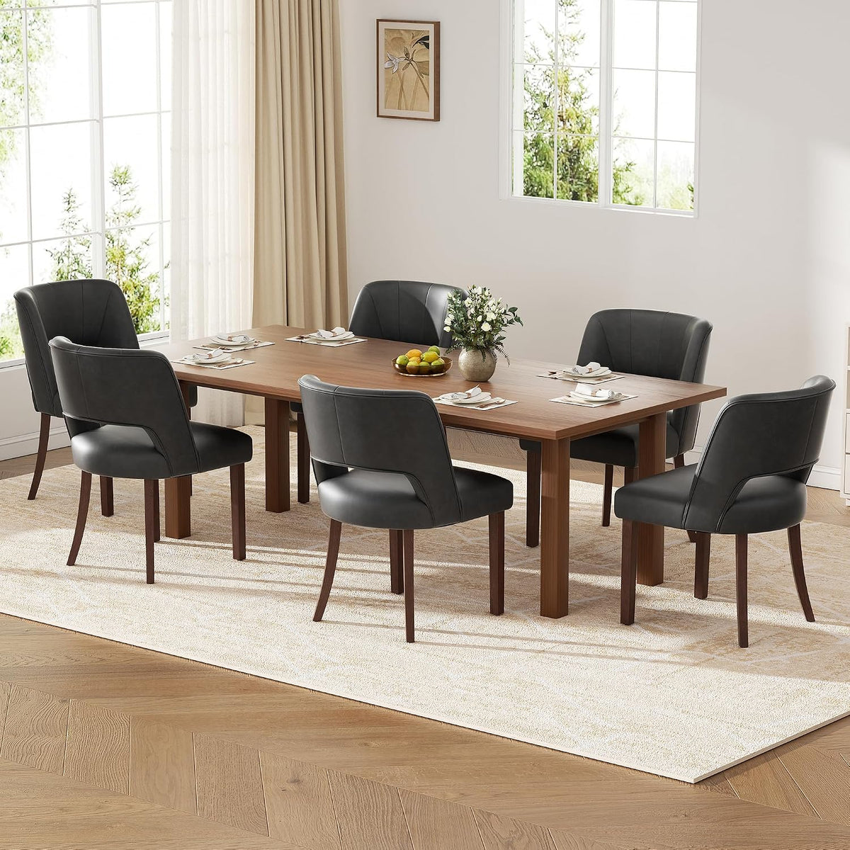Dining Chairs Set of 8,Modern Dining Room Chairs with Thick Cushions,Faux Leather Upholstered Kitchen Dining Chairs with Wood Legs for Kitchen Dining Room Living Room,Black