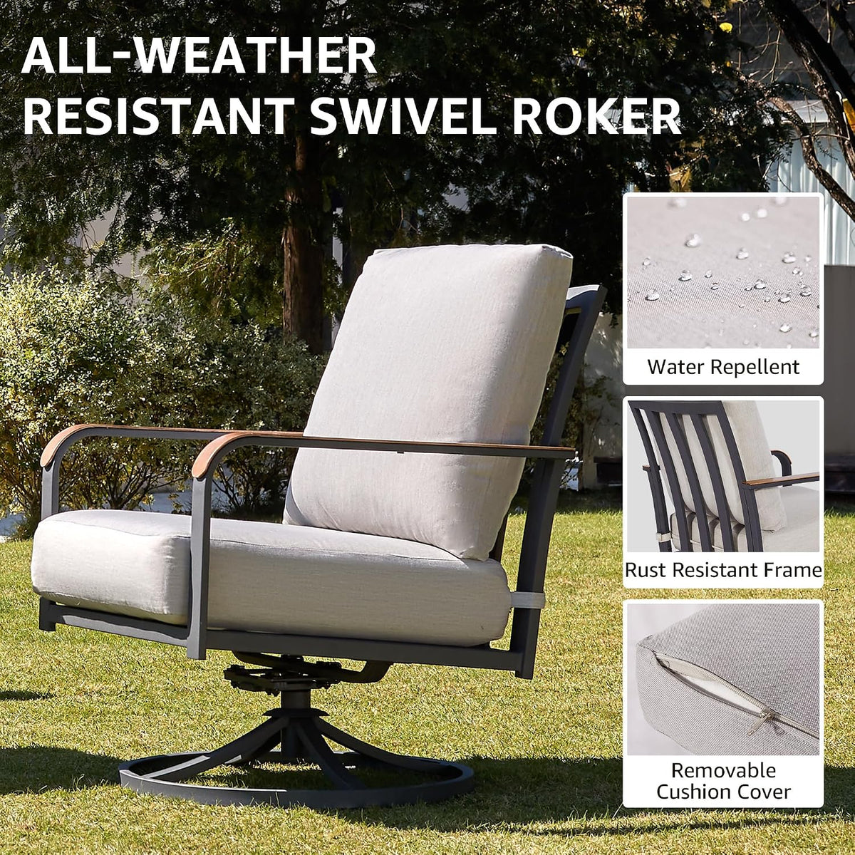 NATURAL EXPRESSIONS Patio Swivel Chairs Set of 2,Outdoor Rocker Chairs Set with 6" Thick Cushions Patio Bistro Set with Wood Grain Metal Table for Backyard Porch Balcony Deck 350lbs Light Grey