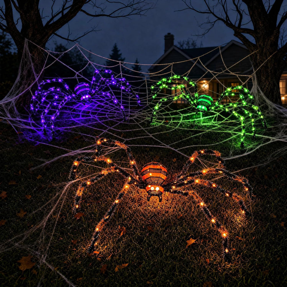 3 Pack Halloween Giant Spiders,4.1Ft Lighted Spider with 8 Lighting Modes
