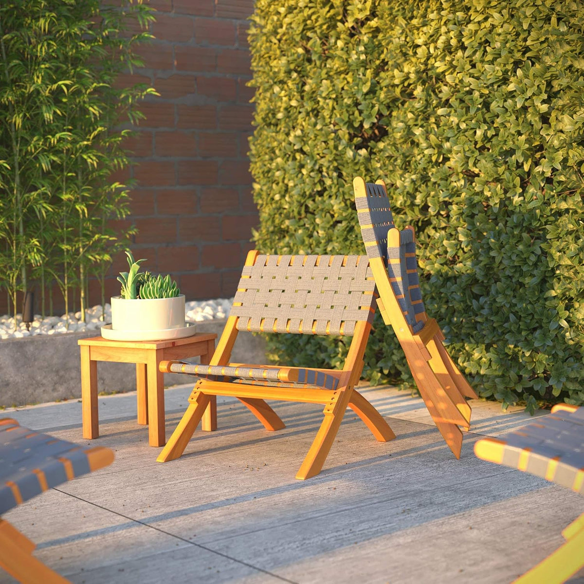 Balkene Home Sava Acacia Wood Folding Chair with Gray Woven Seat