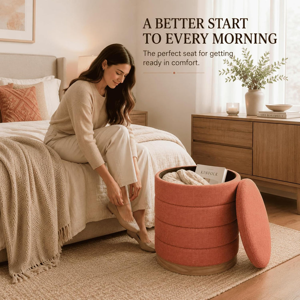 Linen Storage Ottoman Round Footrest with Hidden Storage, Coral Orange 16" L X16 W X 17" H
