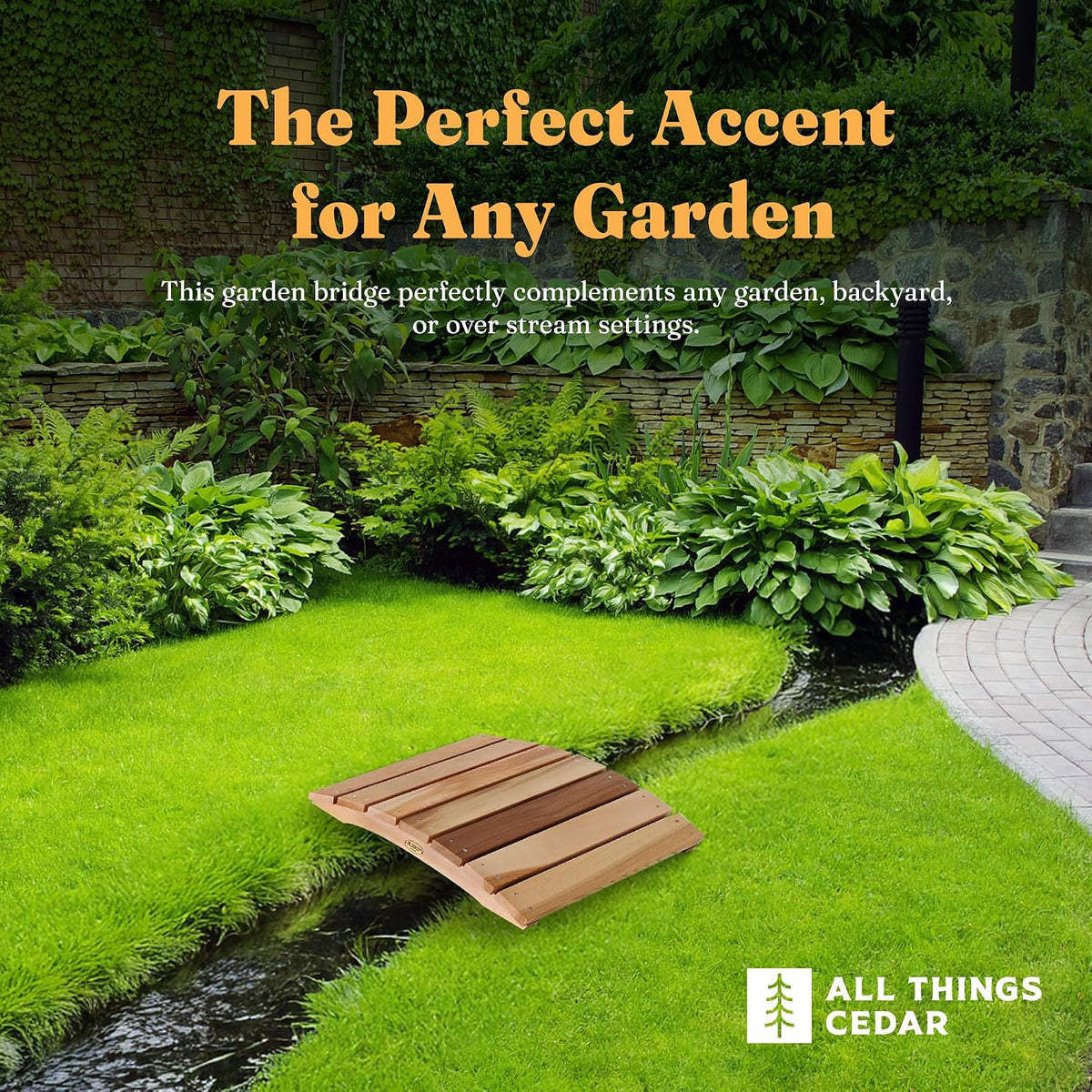 All Things Cedar Outdoor Wooden Garden Bridge for Walkway, Backyard Pond, 2’, Natural