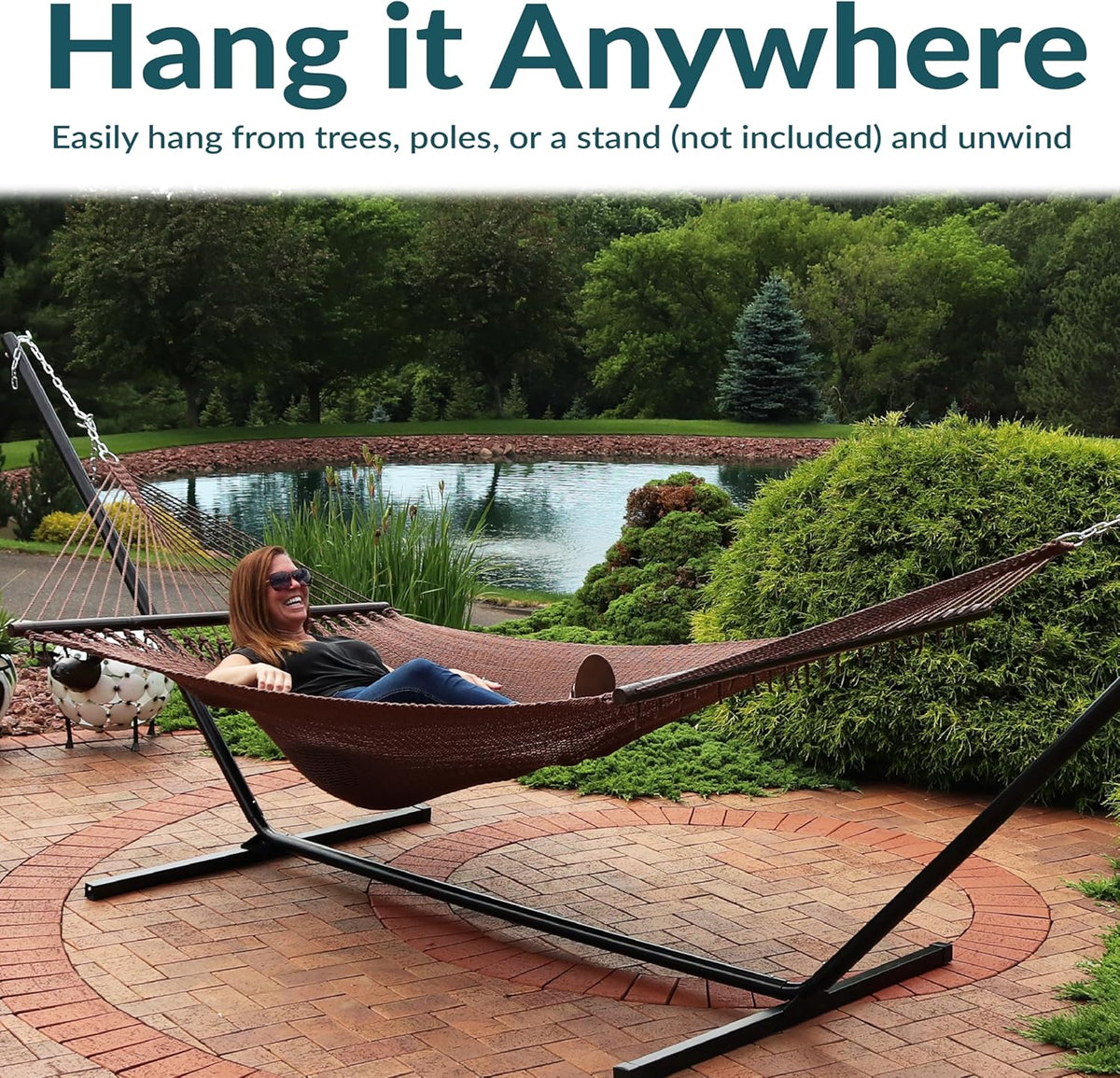 Sunnydaze 75" x 55" Bed, Heavy-Duty Double Rope Hammock for Outside, Mocha