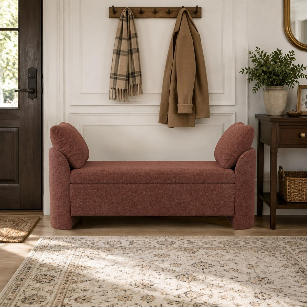 Usaint 58.3" Upholstered Storage Ottoman Bench with 2 Pillows, Rusty Red