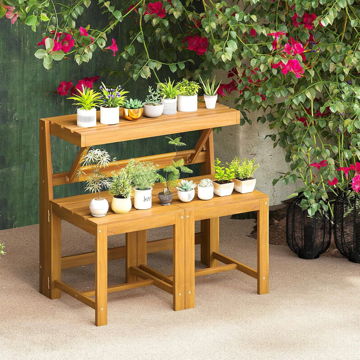 HAPPYGRILL 3-in-1 Acacia Wood Outdoor Dining Table Bench Set