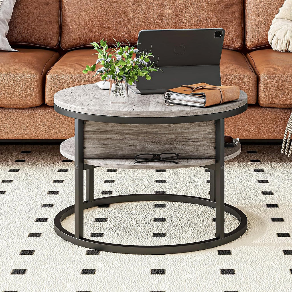HOJINLINERO Round Coffee Table with Storage,Lift Top Coffee Table for Living Room Reception Room,2 Tier Small Round Table Dining Center,Grey