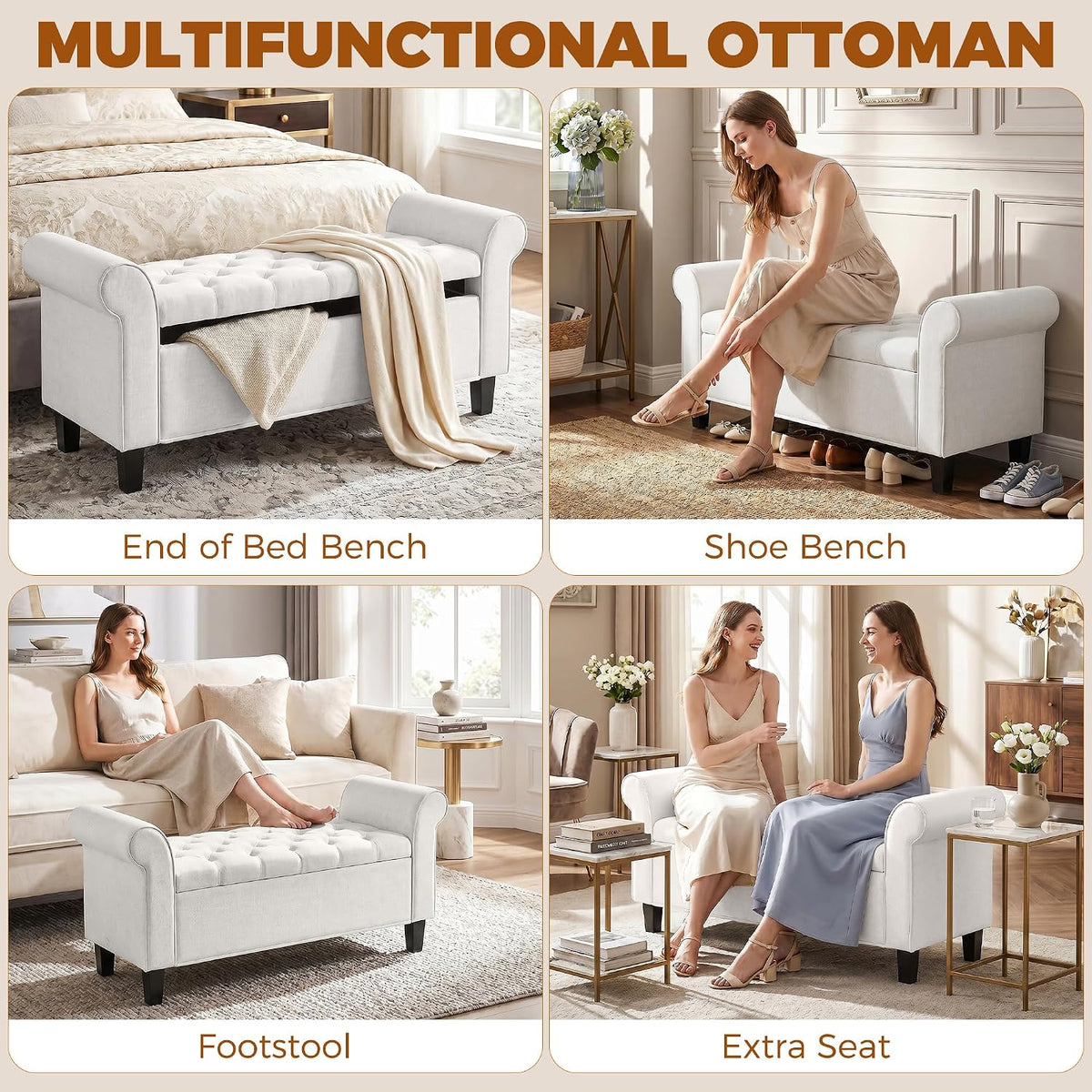 HOMCOM 47" Storage Ottoman End of Bed Bench with Rolled Arms Cream White