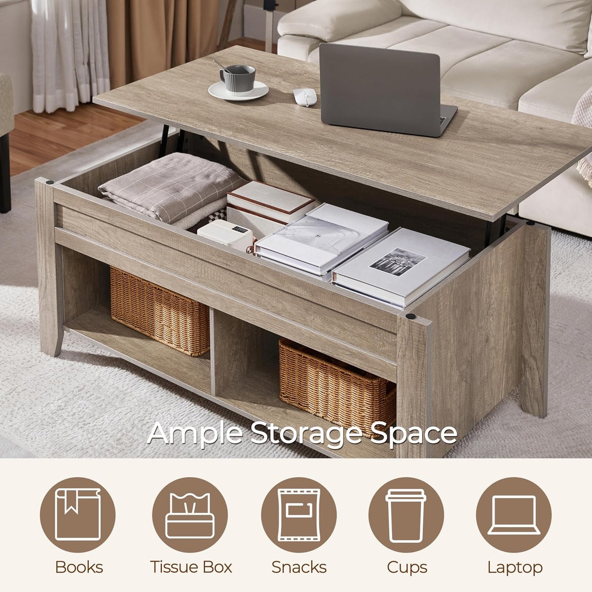 Yaheetech Lift Top Coffee Table with Hidden Storage Compartment Gray 47.5in