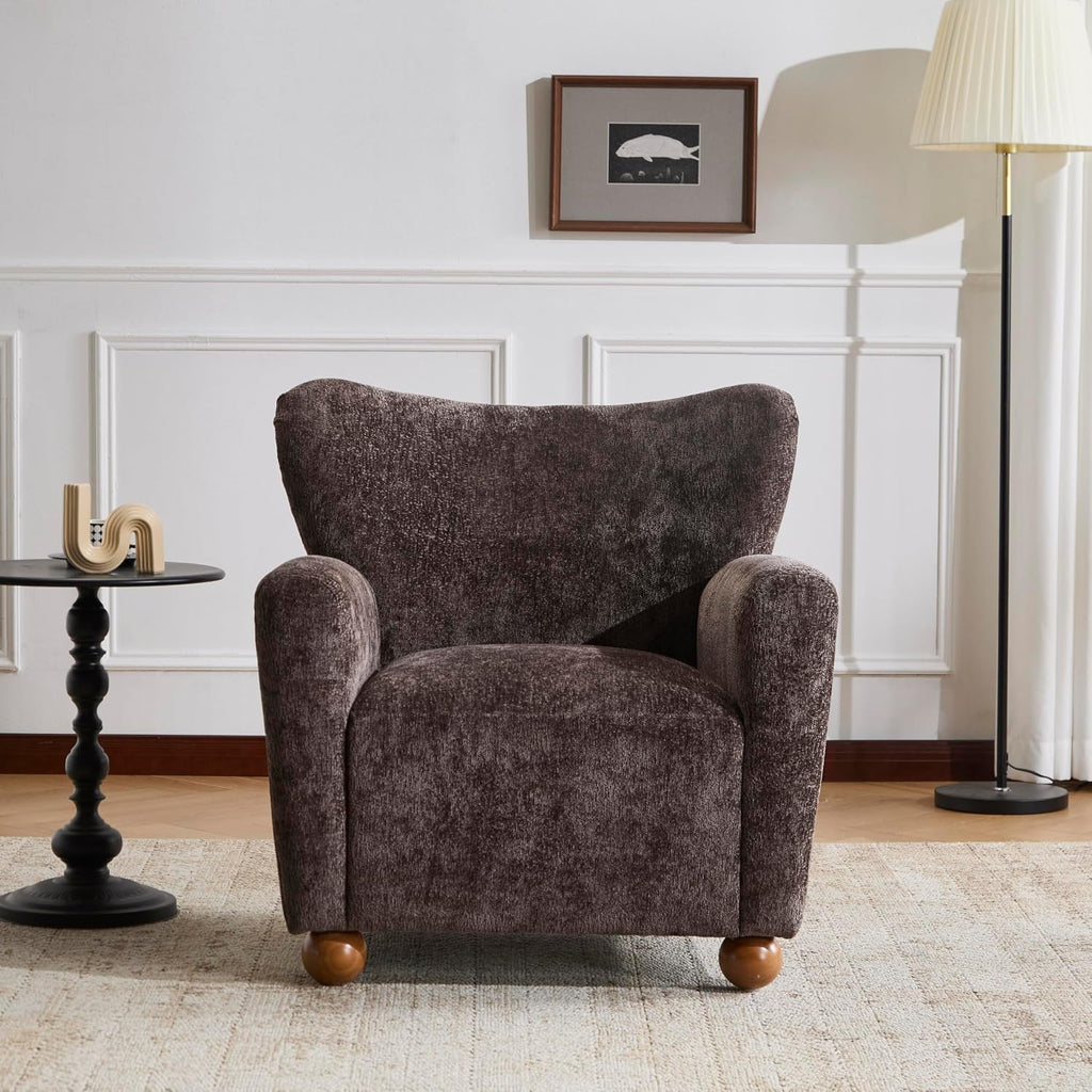 Christopher Knight Home Lindy Wingback Accent Chair, Upholstered Armchair with Rounded Wooden Legs, Curved Backrest Single Sofa, Soft Cushion Seating, Comfy Lounge Chair for Living Room, Dark Brown