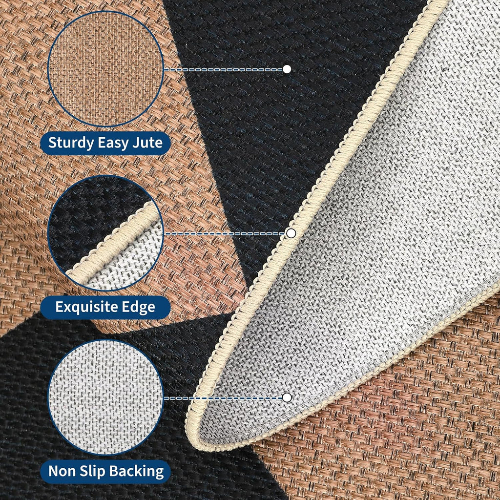 Garvee 6x9 Geometric Entryway Rug Easy Jute Washable Rugs, Black Brown