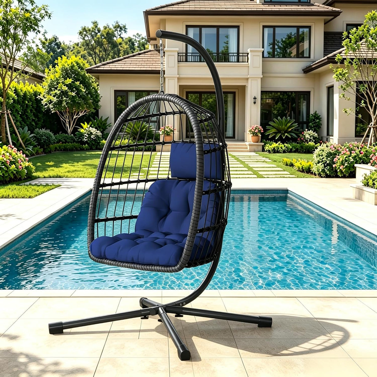 LEVELEVE Hanging Egg Chair with Stand, Patio Rattan Wicker Swing Chair, Oversized Hammock Seat for Bedroom Porch Garden, Thickened Steel Frame & UV Resistant Cushion, 350LBS Capacity(Navy Blue)