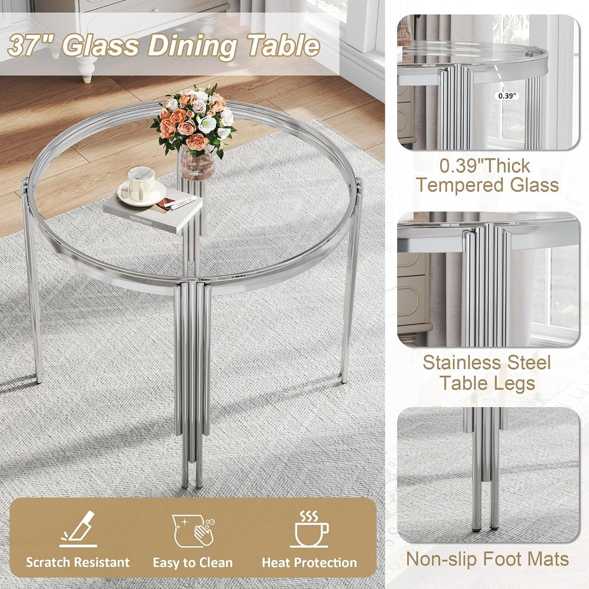 Luxury Round Glass Silver Dining Table Set for 4, 5-Piece Modern Kitchen Table Set with 4 White Velvet Chairs for Kitchen Dining Room Apartment