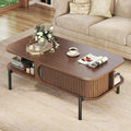 Coffee Table, 39.4" Fluted Coffee Table for Living Room, Mid Century Modern Table with Sliding Cabinet Door 2-Tier Rustic Wood Desktop with Storage Open Shelf, Walnut