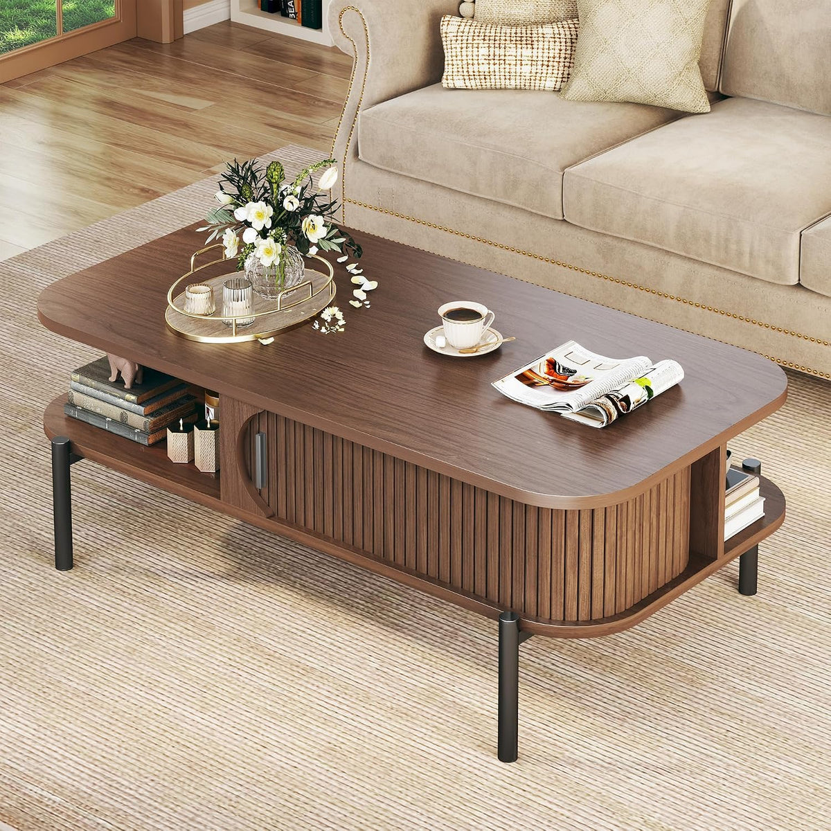 Coffee Table, 39.4" Fluted Coffee Table for Living Room, Mid Century Modern Table with Sliding Cabinet Door 2-Tier Rustic Wood Desktop with Storage Open Shelf, Walnut
