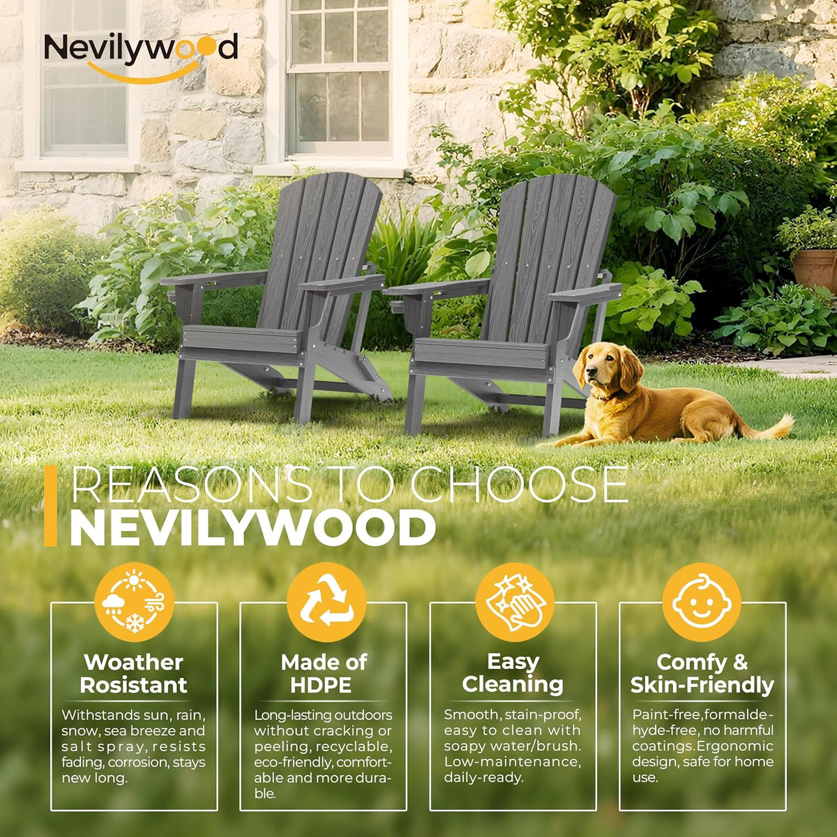nevilywood Folding Adirondack Chairs Set of 2, HDPE Cup Holders, Grey