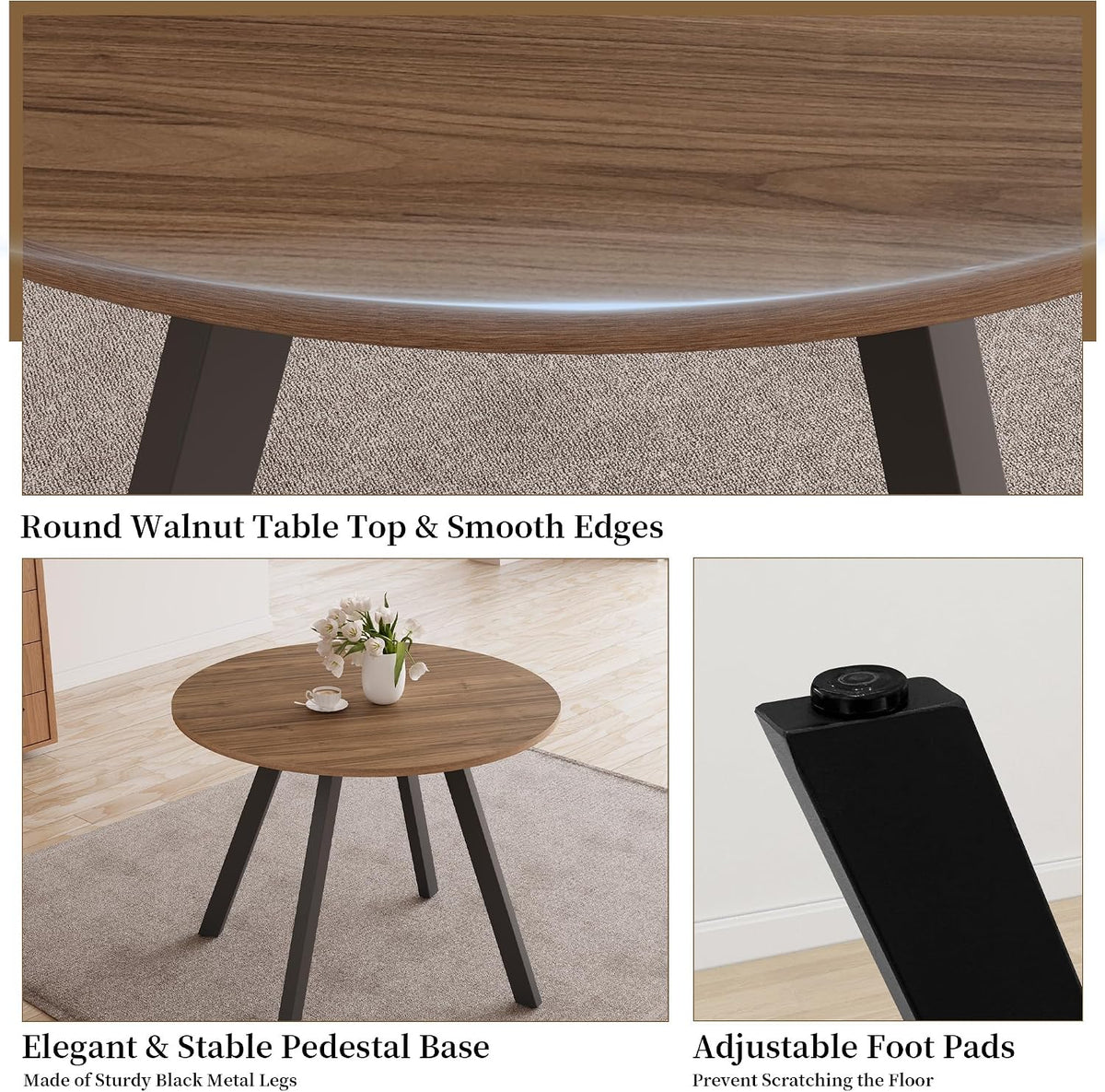 Zerifevni 34.6'' Dining Table and Chairs for 2, Mid Century Modern Round Table Set, Space Saving for Apartment Kitchen Dining Room (Walnut Table+2 U-Shaped Brown Chairs)